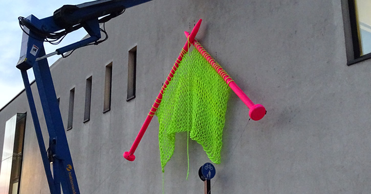Big Knitting being installed in Lumiere Durham, 2015. Photo by the artist.